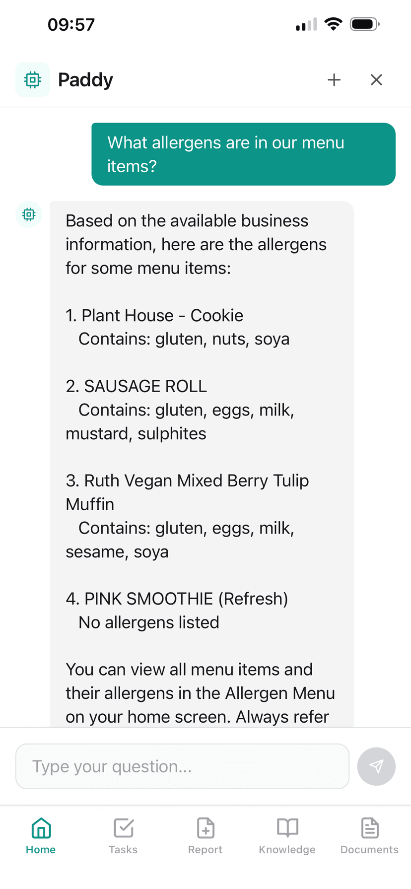 Paddl mobile app showing AI assistant for instant answers