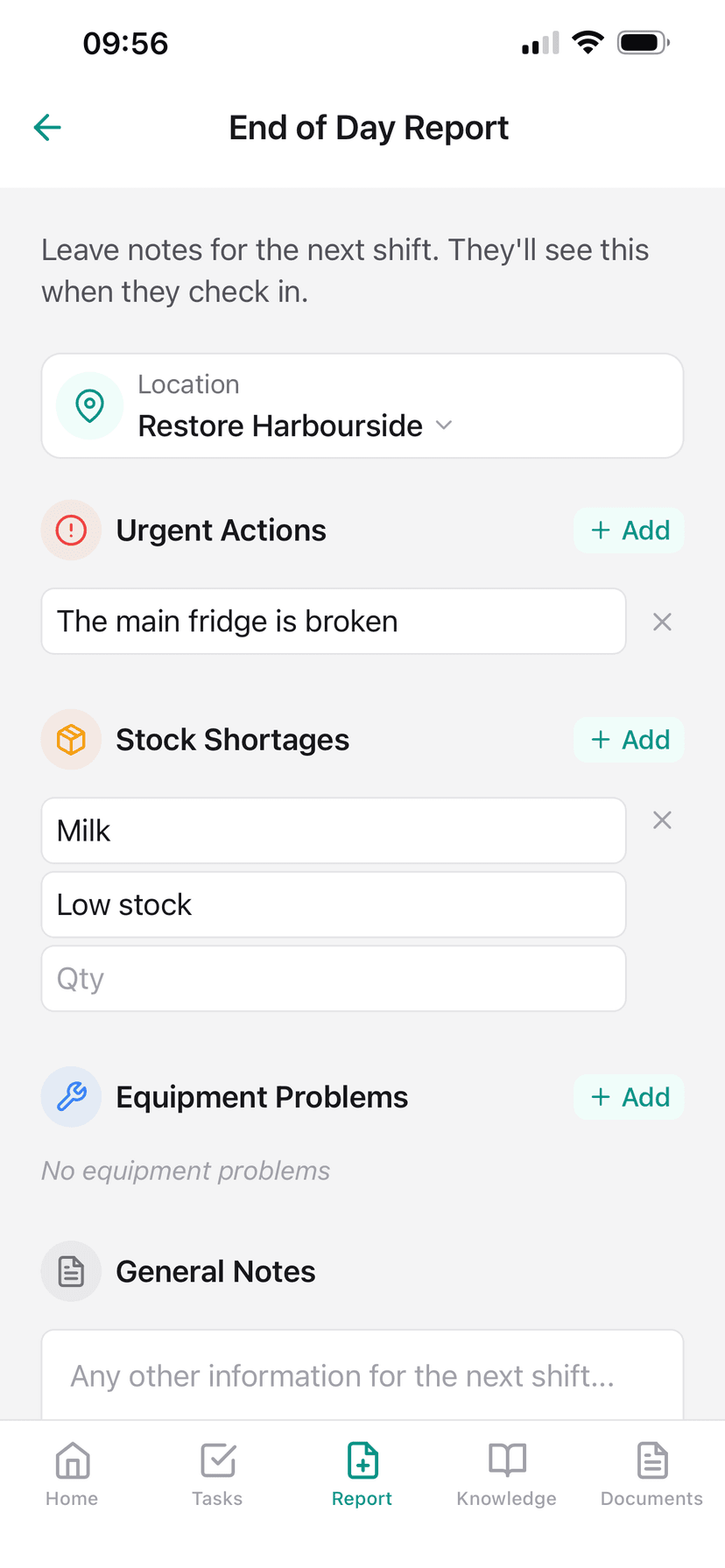 Paddl mobile app showing end of day shift report