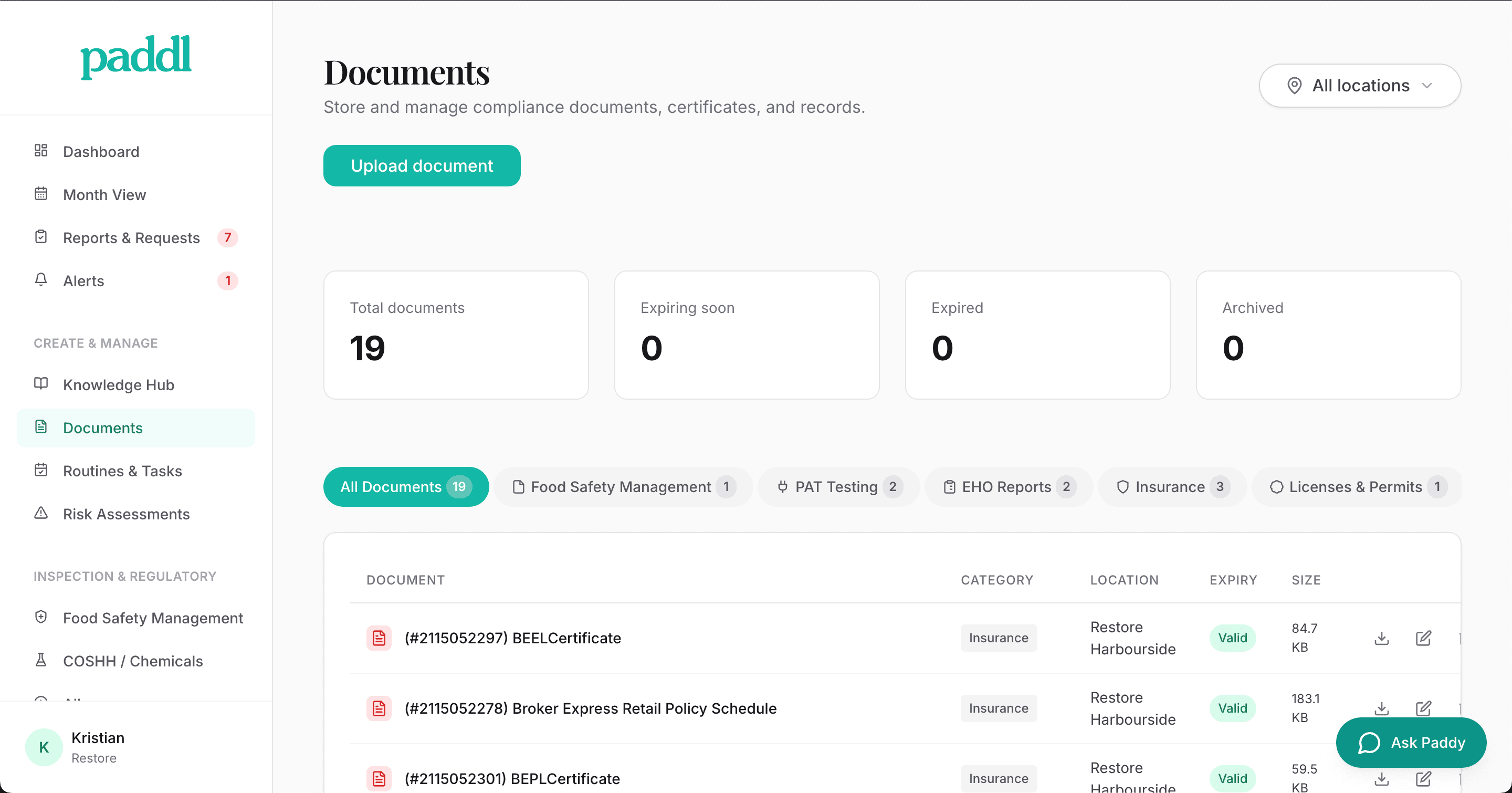Paddl document management showing digital signatures and document categories