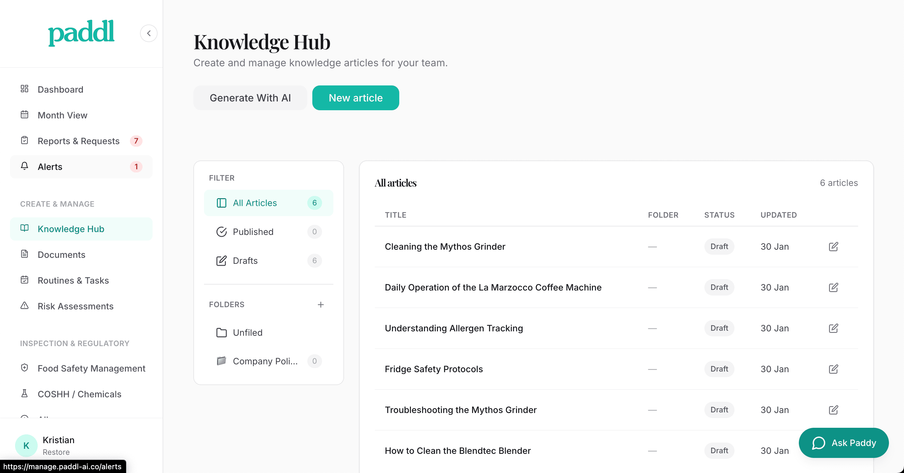 Paddl knowledge hub showing staff procedures and training documentation