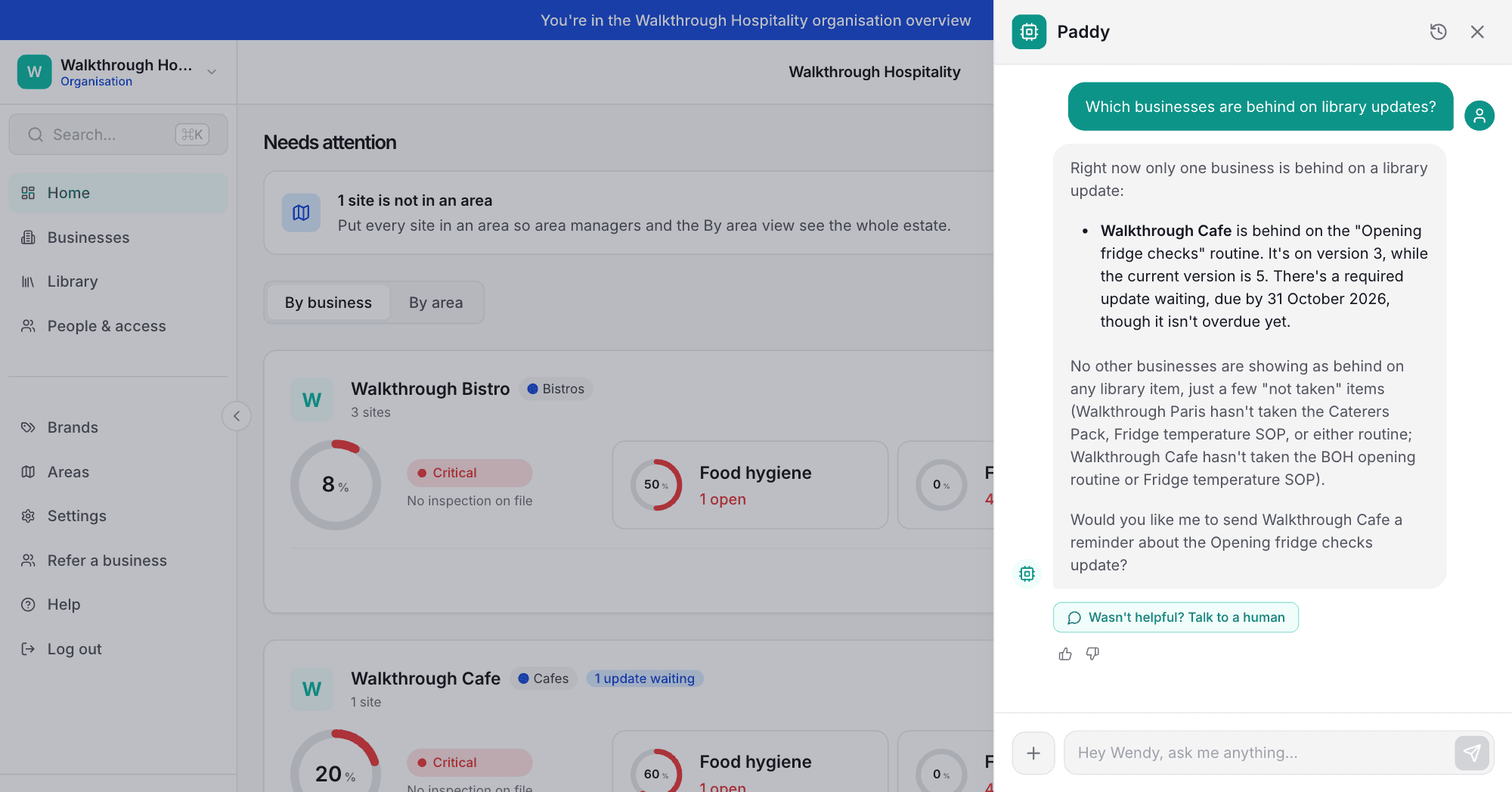 Paddy on the organisation pages answering which businesses are behind on library updates, with versions and due dates