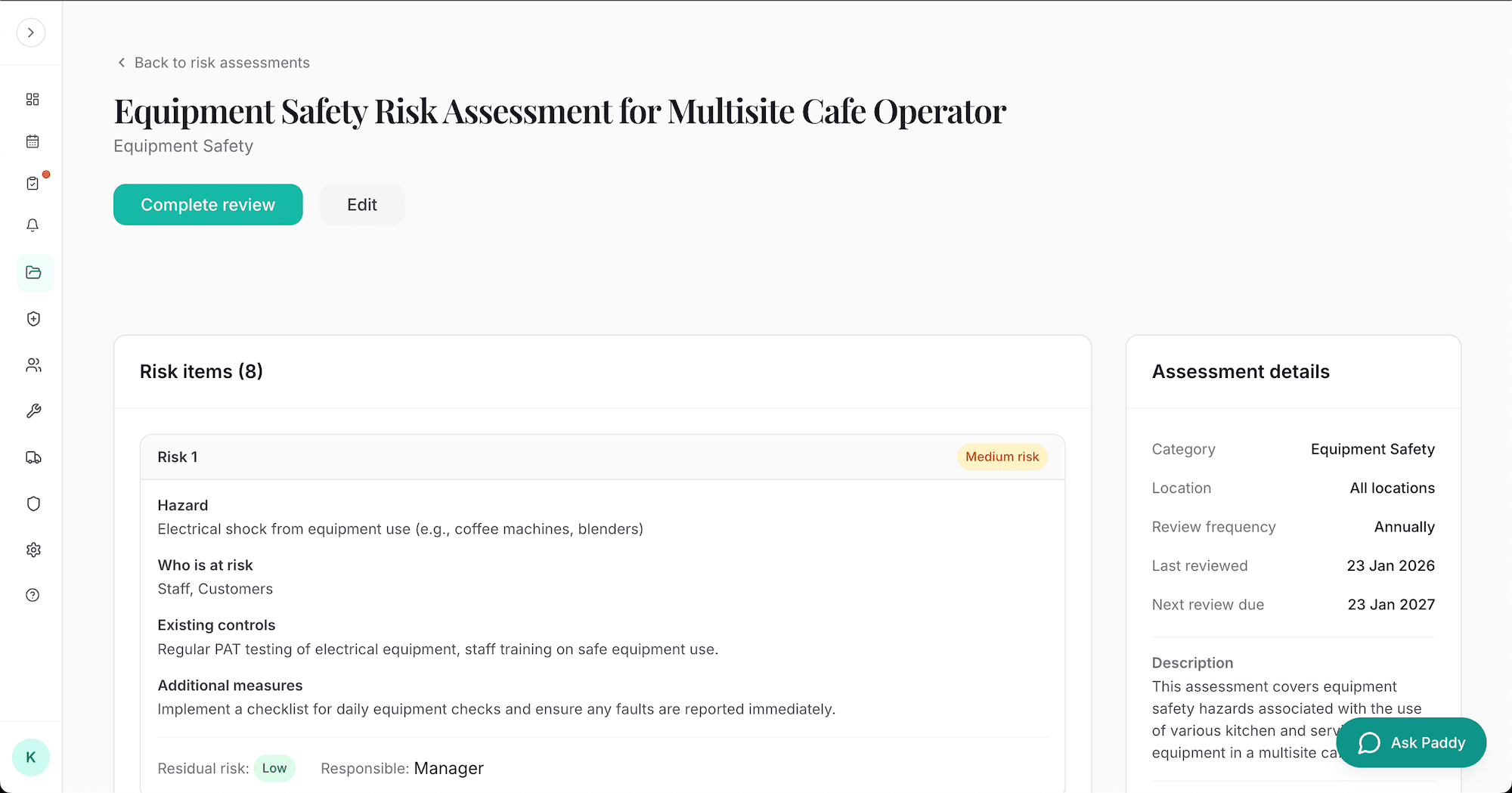 Paddl risk assessment detail view showing hazards and control measures