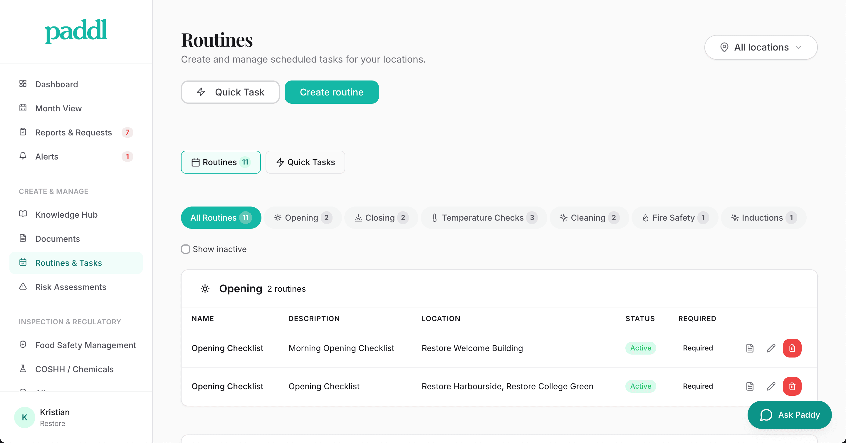 Paddl routines dashboard showing daily checklists and completion tracking