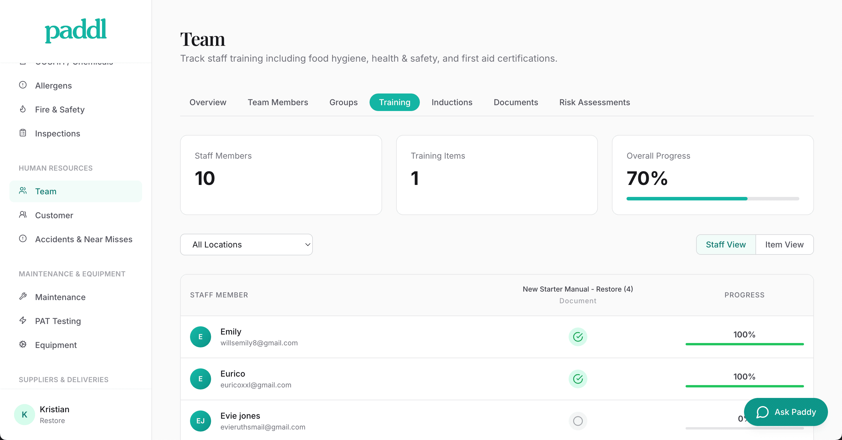 Paddl team management showing staff roles, training tracking and group management