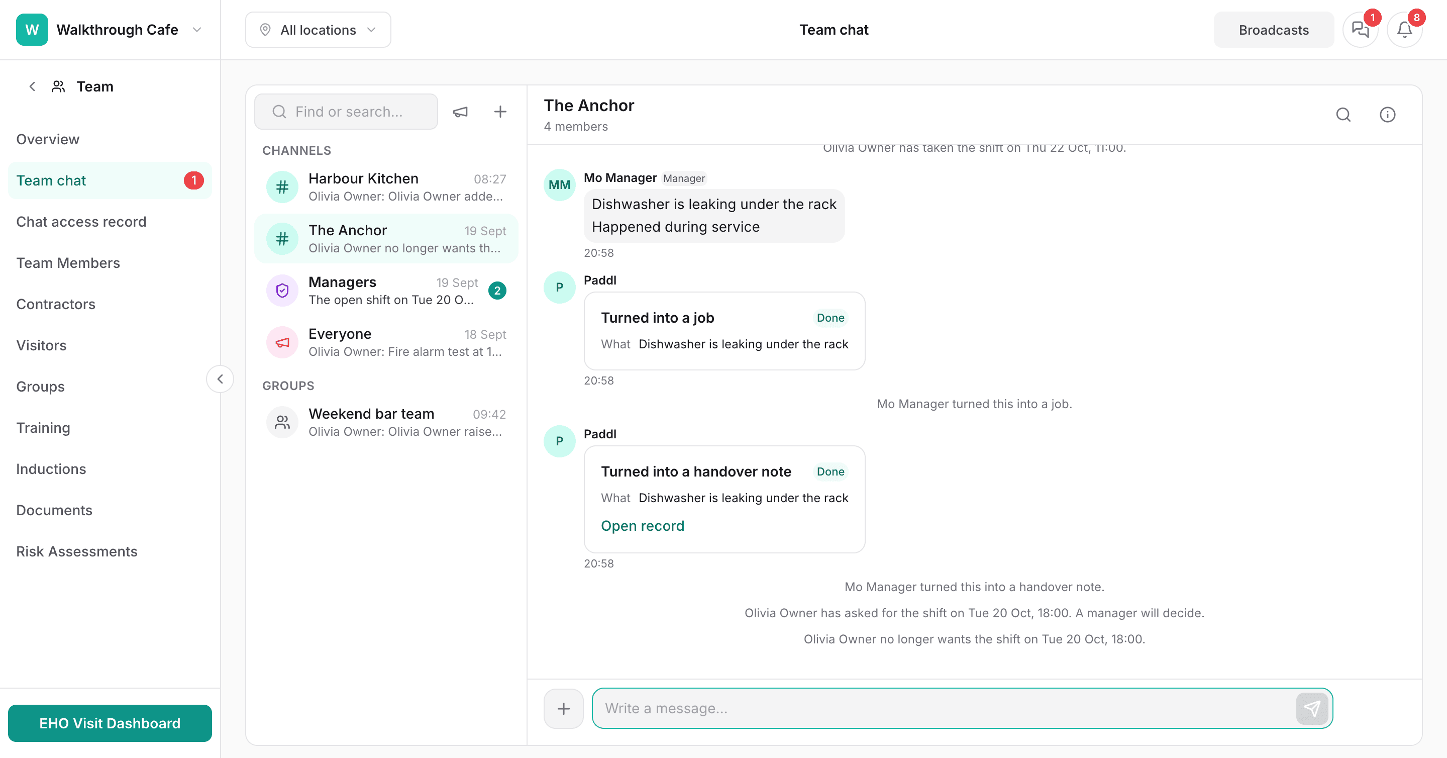 Paddl team chat with a site channel, a broadcast and an open-shifts card